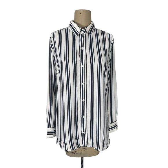 Banana Republic Navy Blue Striped Long Sleeve Sheer Blouse Women’s Petite Large - Picture 1 of 7
